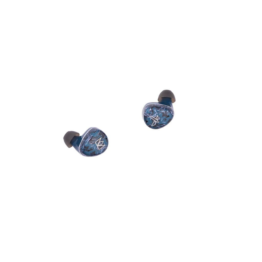 The Noble Audio Osprey Wireless In-Ear Headphones by Noble Audio are true wireless earbuds in blue with black eartips and a silver decorative outer surface, featuring a hybrid driver design, shown against a plain white background.