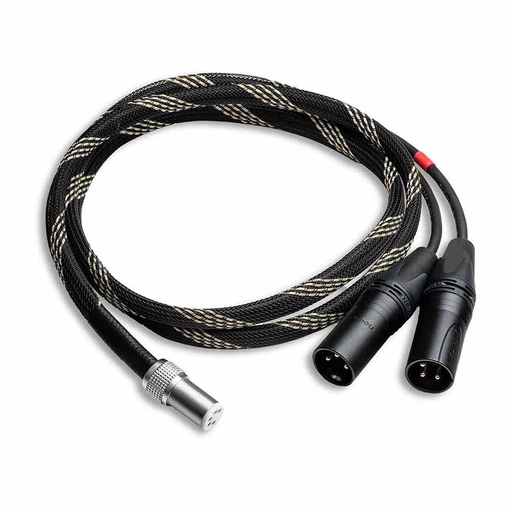 The Pro-Ject Audio Systems Connect it Phono DS 5P to XLR - Clearance is a braided black balanced phono cable with silver and tan accents, featuring a single 5-pin DIN connector and two XLR connectors.