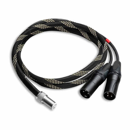 The Pro-Ject Audio Systems Connect it Phono DS 5P to XLR - Clearance is a braided black balanced phono cable with silver and tan accents, featuring a single 5-pin DIN connector and two XLR connectors.