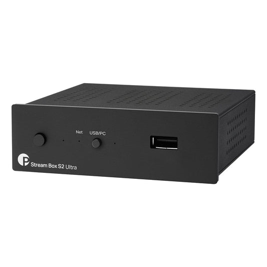 The Pro-Ject Audio Systems Stream Box S2 Ultra Bit-Perfect Network Streamer (Clearance) is a black device with high-res audio support, USB port, Net and USB/PC indicator lights, and a front power button.