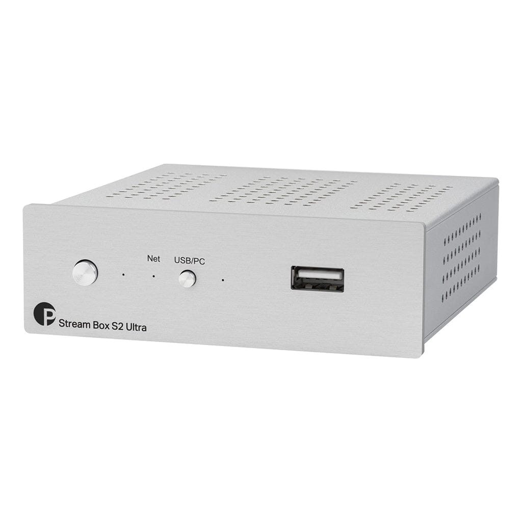 The Pro-Ject Audio Systems Stream Box S2 Ultra Bit-Perfect Network Streamer features a power button, Net and USB/PC indicator lights, a round button, USB port on the front panel, and ventilation holes for high-resolution audio.