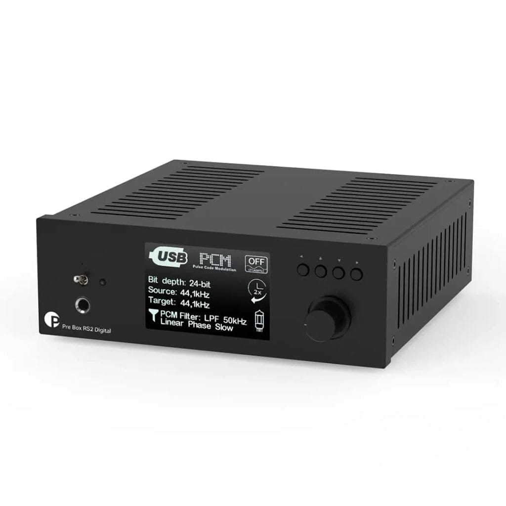The Pro-Ject Audio Systems Pre Box RS2 Digital Preamp w/ DAC & Headphone Amp (Clearance) is a black unit with USB, PCM, and audio setting display, power button, headphone jack, and rotary knob on the front panel.