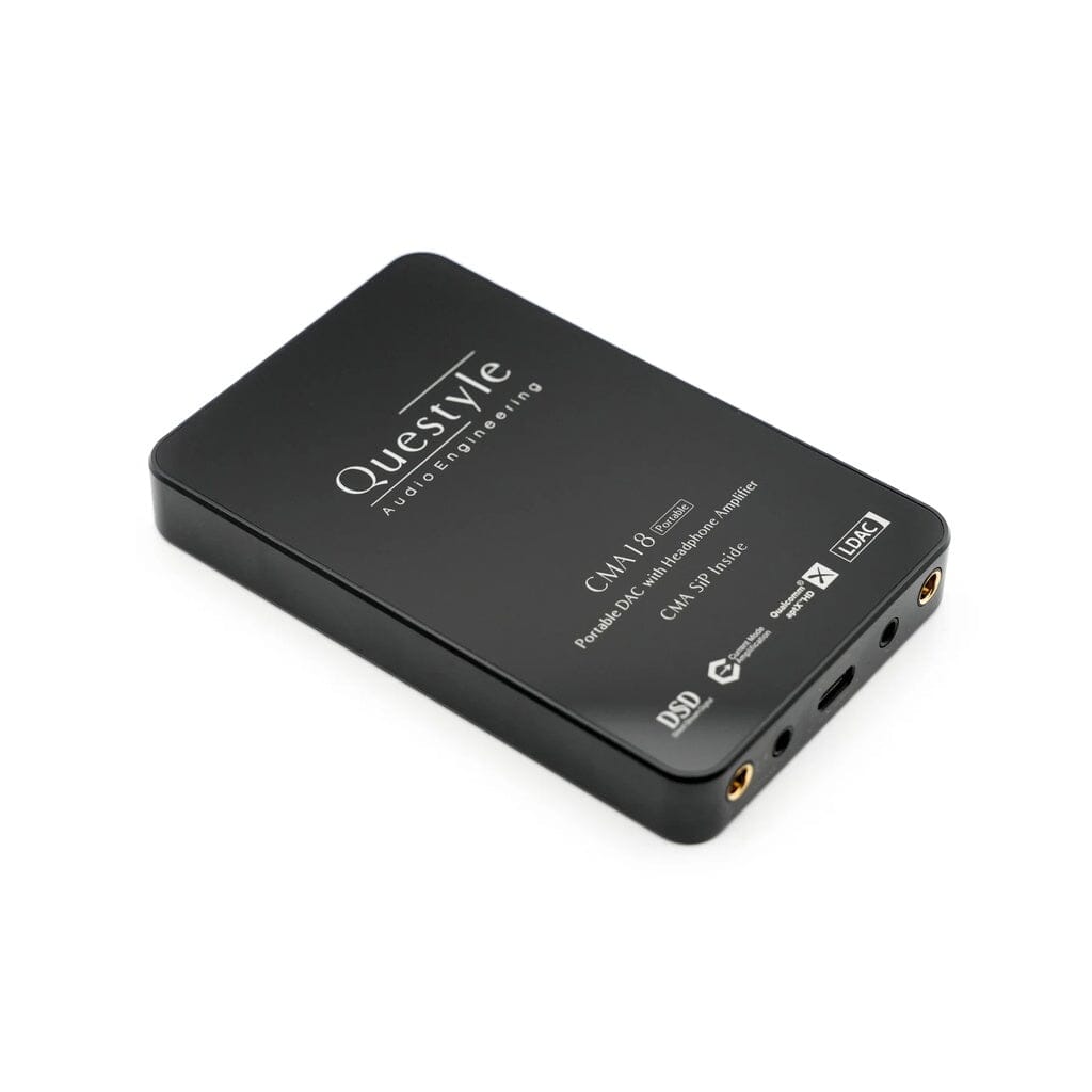 The Questyle CMA18 Portable DAC and Headphone Amp - Clearance is a sleek black device featuring gold headphone jacks, a USB-C port, and white printed details on top.