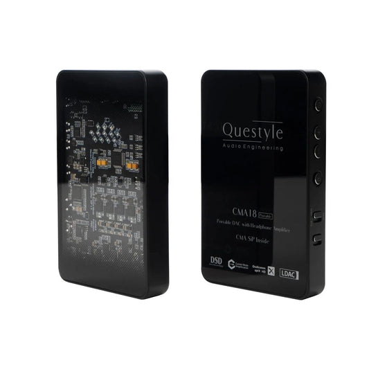Two black rectangular Questyle CMA18 Portable DAC and Headphone Amp units stand upright—one shows internal circuitry through a transparent panel; the other displays branding and model info, reading "Questyle CMA18 Portable DAC and Headphone Amp – Clearance.