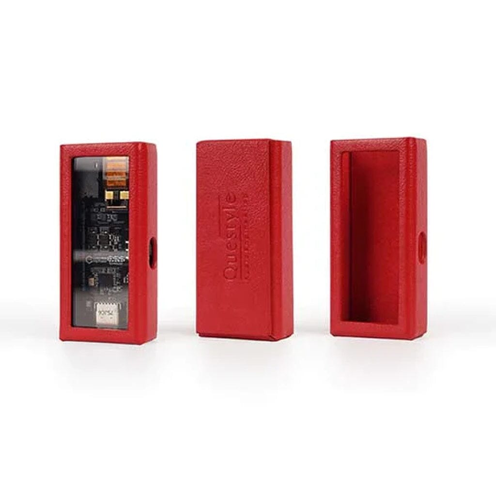 Three views of the Questyle M15 Leather Protective Case - Clearance: one reveals internal components, another displays the embossed Questyle logo, and the third shows the empty interior of this portable USB DAC accessory.