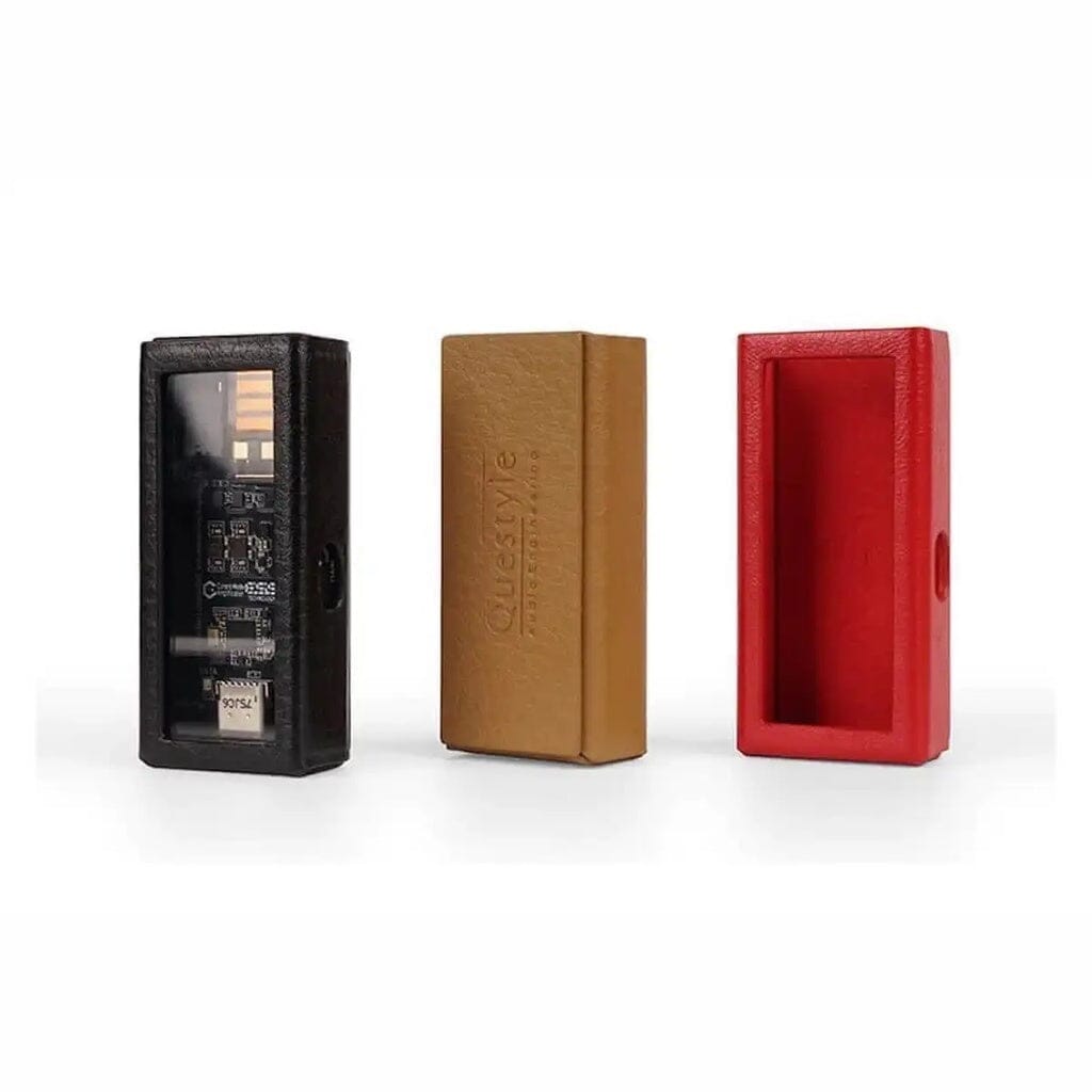 Three Questyle M15 Leather Protective Cases in black, brown, and red are shown upright. The black case holds a portable USB DAC, while the brown and red cases are empty to highlight their angles and textures. Brand: Questyle.