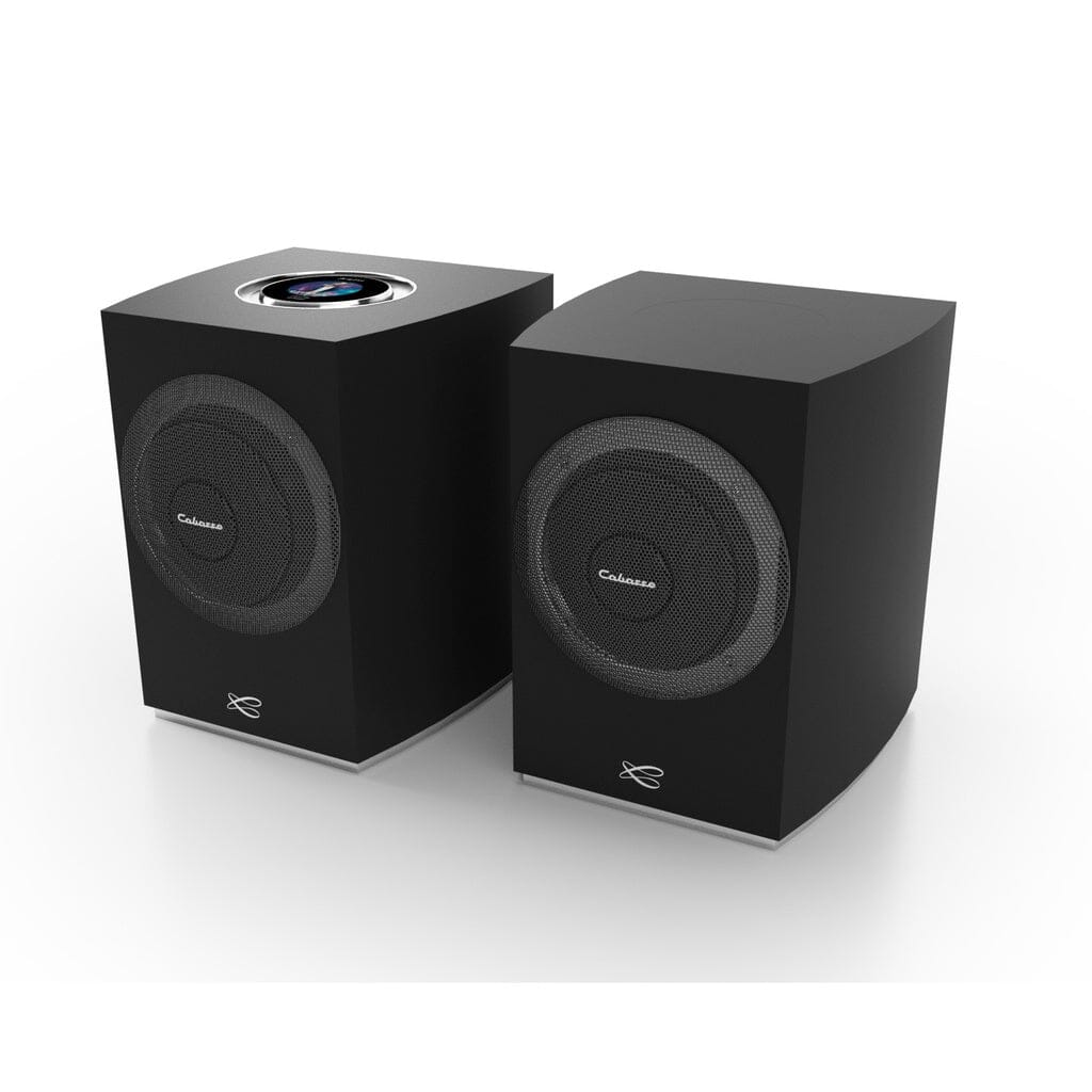 The Cabasse Rialto Wireless Powered Bookshelf Speakers (Pair) feature a sleek black rectangular design with circular grilles and high-fidelity sound—ideal for your hi-fi setup. Shown side by side on a white background.