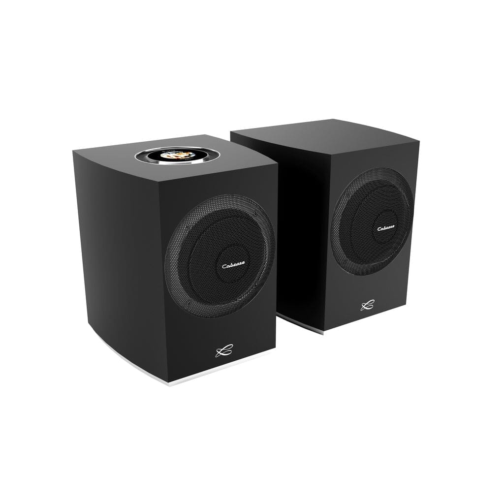The Cabasse Rialto Wireless Powered Bookshelf Speakers (Pair) feature a sleek black design with rounded edges, front mesh grilles, and the Cabasse logo, delivering high-fidelity sound to any space.