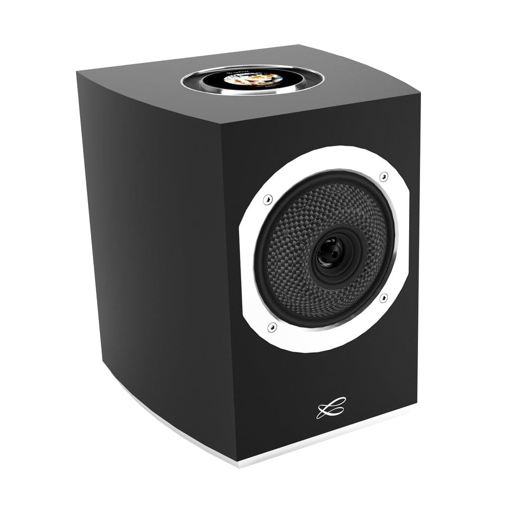 The Cabasse Rialto Wireless Powered Bookshelf Speaker (Pair) by Cabasse features a modern black design with a circular grille, textured cone, curved shape, and a small top display, delivering minimalist style and high-fidelity sound.