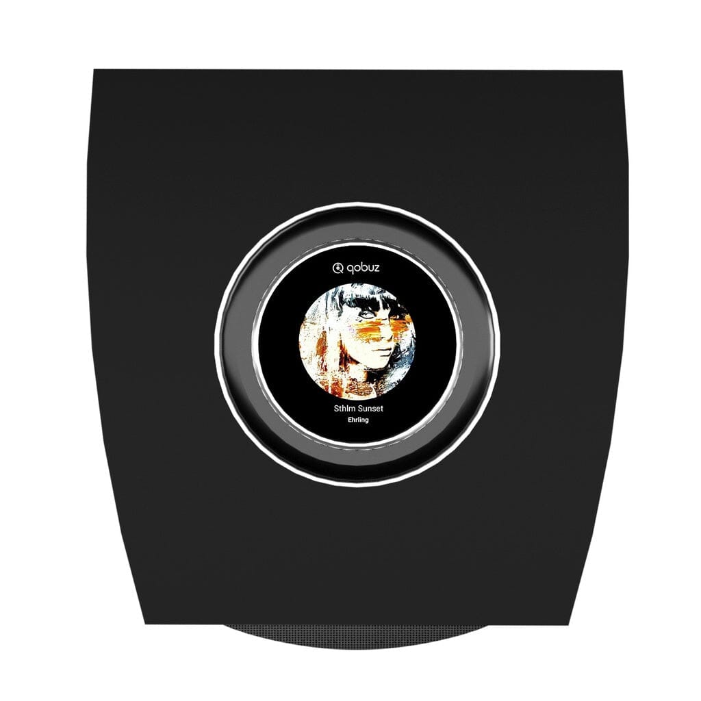 The Cabasse Rialto Wireless Powered Bookshelf Speaker (Pair) by Cabasse features a black, square design with a circular central display showing album art, the song "Shilin Sunset," and the Qobuz logo, outlined by a thin metallic ring for high-fidelity sound.