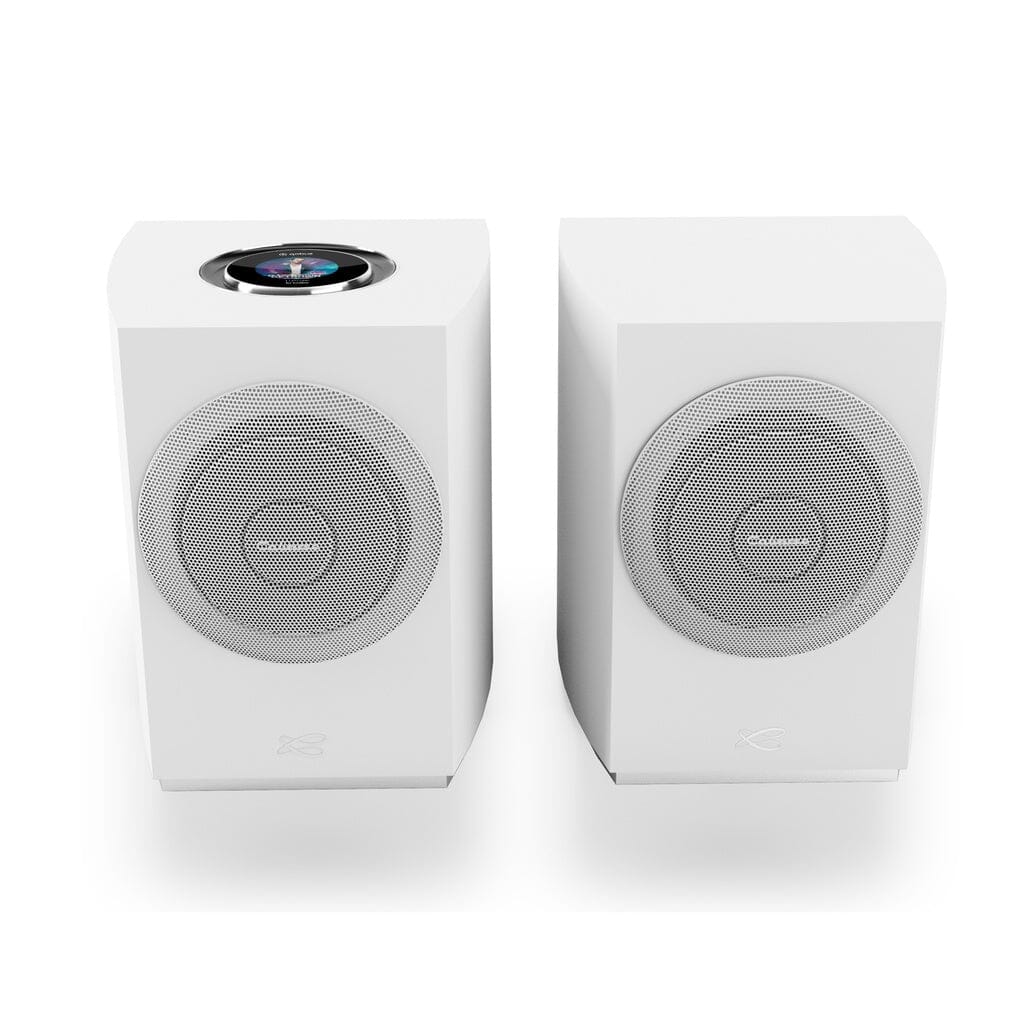 The Cabasse Rialto Wireless Powered Bookshelf Speaker (Pair) by Cabasse delivers high-fidelity sound in an active white speaker design.