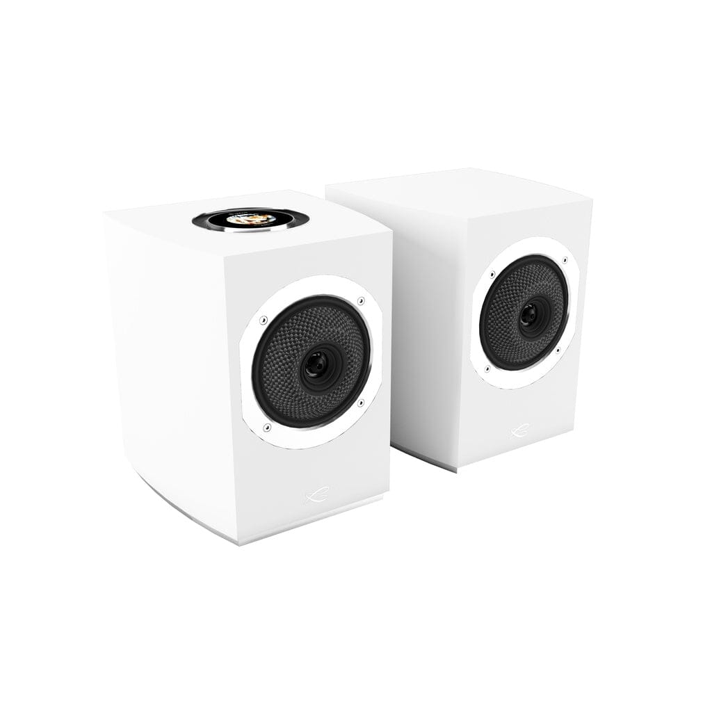 Experience high-fidelity sound with the Cabasse Rialto Wireless Powered Bookshelf Speaker Pair—sleek modern white speakers with black cones by Cabasse, perfect for stylish spaces.
