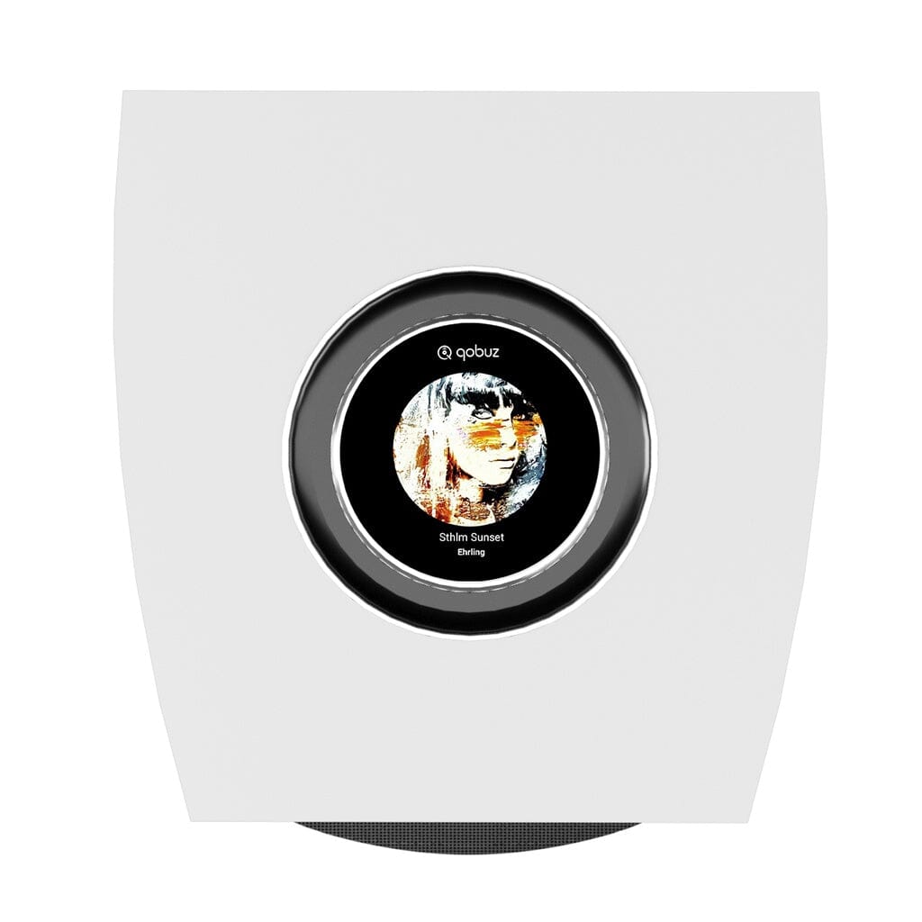 The Cabasse Rialto Wireless Powered Bookshelf Speaker pair by Cabasse features a modern white design with a central circular display showing album art, "Shilin Sunset" by Bridg, making it perfect for enjoying high-fidelity sound.