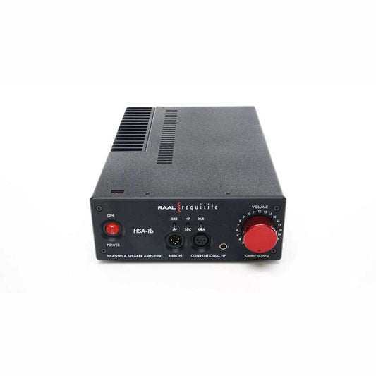 A RAAL-Requisite HSA-1B Headphone and Speaker Amplifier (Open Box, Clearance) in black with a red volume knob and various front ports, shown on a white background; ideal for pairing with the SR1a.