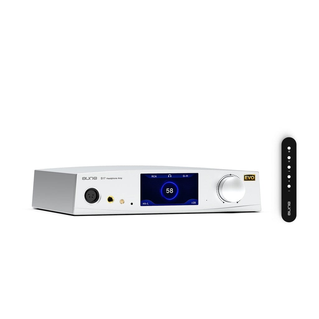 The Aune Audio S17 Pro EVO Headphone Amplifier by Aune Audio is a sleek silver Class A device featuring a blue digital display, control knob, and input ports. Paired with a matching slim black remote with white buttons, both are fully balanced and capable of delivering 7.5 watts—shown on a white background.