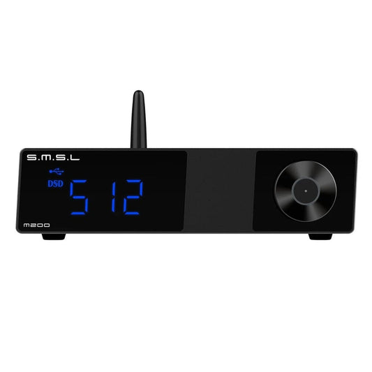 The SMSL M200 DAC - Open Box - Clearance by SMSL features a digital display showing DSD512 in blue, a high-res AK4497EQ DAC chip, Bluetooth, a small antenna, and a large control knob on the right side.