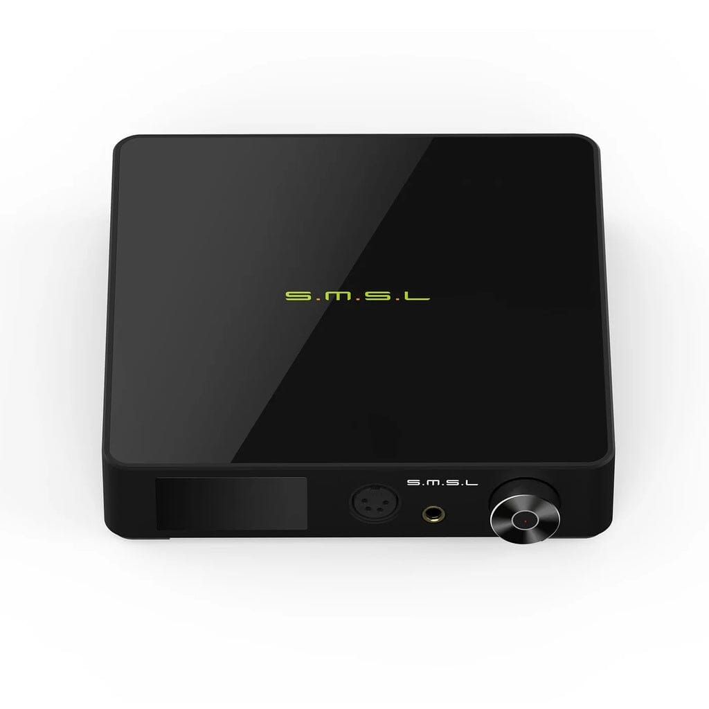 The SMSL SP400 THX Headphone Amplifier - Open Box features a glossy black finish, yellow SMSL logo, large control knob, front display and headphone jacks, plus balanced preamp output and THX AAA amp. Shown from above on a white background.