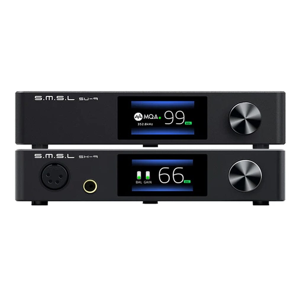 Two black SMSL audio devices stacked: the SMSL SU-9 Balanced DAC (Open Box - Clearance) on top and a matching headphone amp below, each with a color display, control knob, and front input/output ports for high-quality sound.