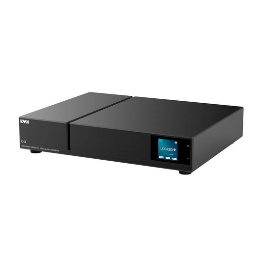 A sleek black SMSL VMV D3 Advanced R-2R DAC (Open Box, Clearance) with a rectangular design features a front color display showing “LOCKED.” The unit is powered by Texas Instruments PCM1704U-J R2R DAC technology.