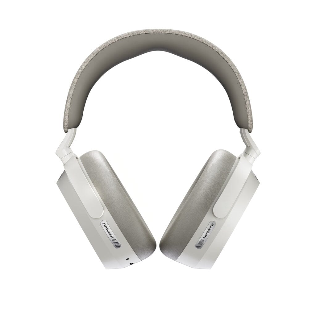 A pair of Sennheiser Momentum 5 Wireless Headphones by Sennheiser, shown in white and gray from the front with ear cups facing forward and padded headband at the top, set against a white background.