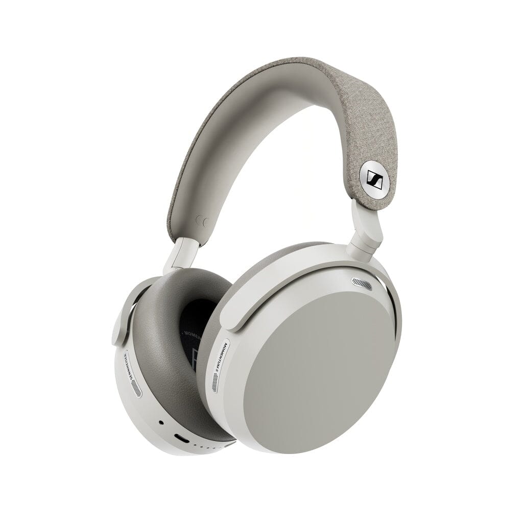 A pair of Sennheiser Momentum 5 Wireless headphones in light gray with cushioned ear pads, a fabric headband, noise cancelling, and the Sennheiser logo on the side.