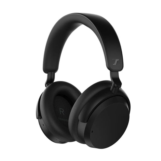 A pair of black Sennheiser Accentum Wireless Headphones – Clearance, featuring cushioned ear pads and a padded headband, is shown on a white background. The left ear cup displays an R marking and logo, highlighting long battery life.