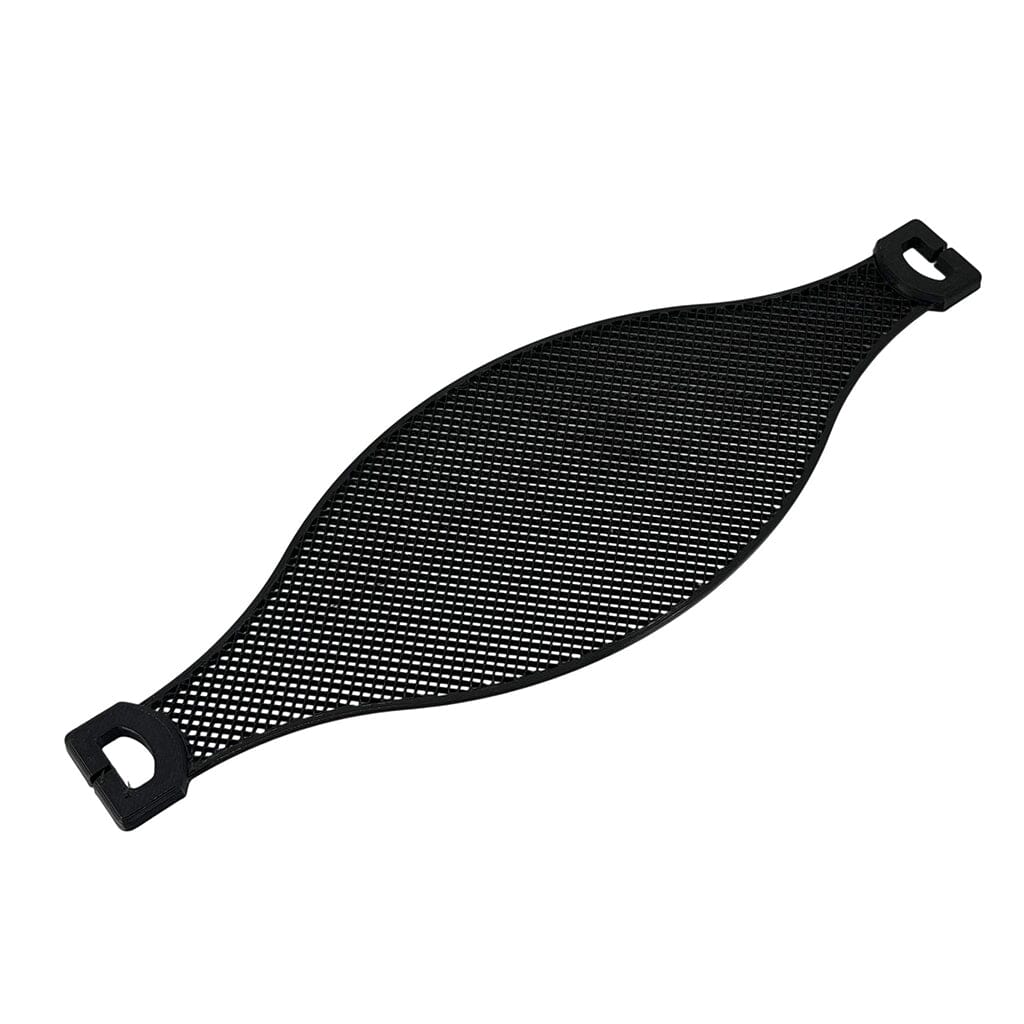 A black, oval mesh footrest with solid rectangular ends offers support by attaching to a chair or desk—just as the Capra Audio Capra Comfort Strap enhances comfort for Sennheiser HDB 630 headphones.