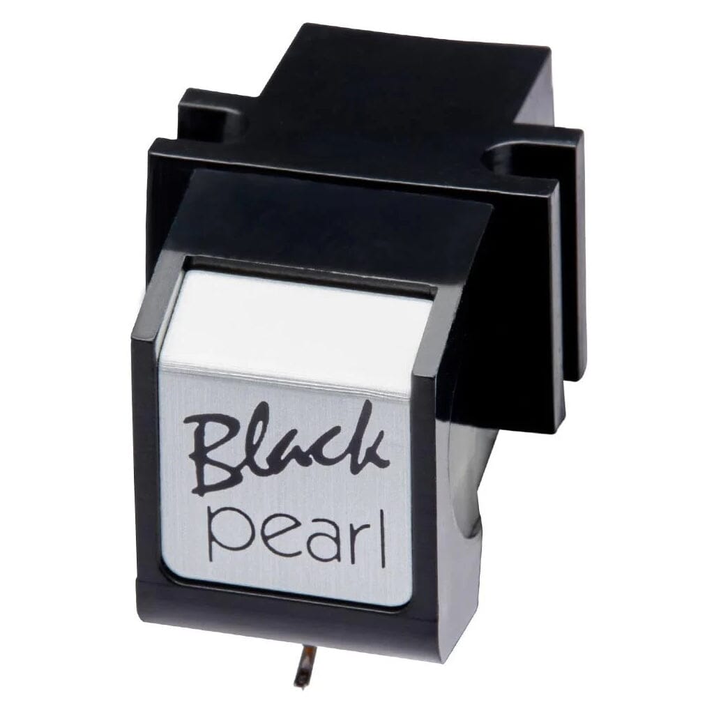 A close-up of a black and silver Sumiko Black Pearl Phono Cartridge – Clearance, featuring the Sumiko brand name and "Black pearl" written on the front label in black script and lowercase block letters.