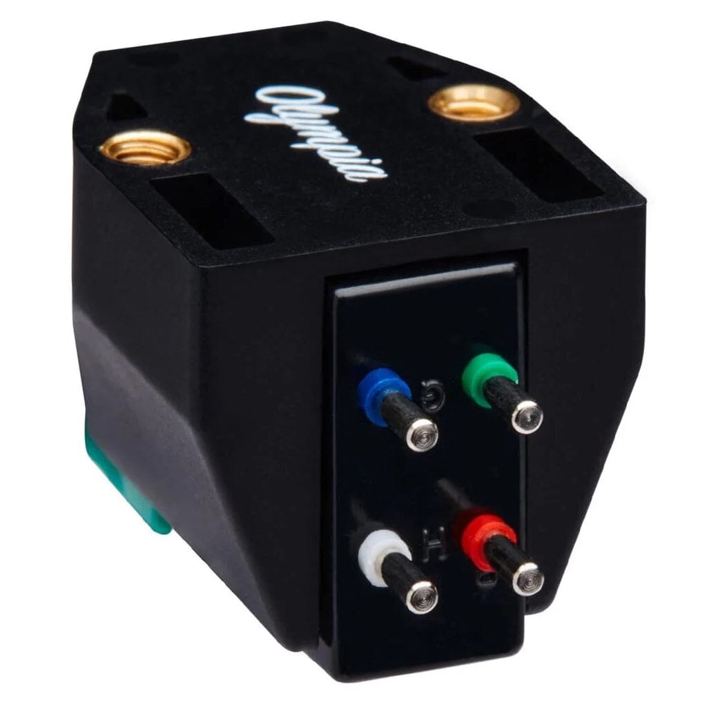 A close-up of a black Sumiko Olympia MM Phono Cartridge - Clearance shows four colored pins—red, green, blue, and white—at the back. “Olympia” is printed on top; it’s part of Sumiko’s renowned Oyster lineup.