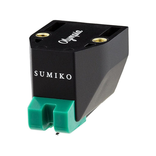The Sumiko Olympia MM Phono Cartridge - Clearance, by Sumiko, features a black body with white lettering and a green stylus tip, designed for turntables and displayed against a white background.