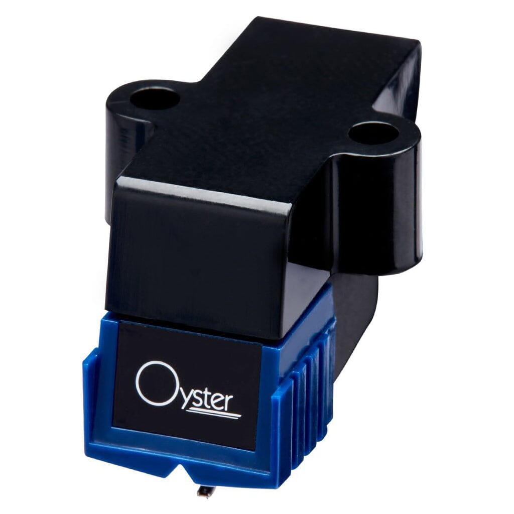 A close-up of the Sumiko Oyster Phono Cartridge - Clearance, a moving magnet model by Sumiko with black and blue accents and "Oyster" on the front—an ideal upgrade for playing vinyl records.