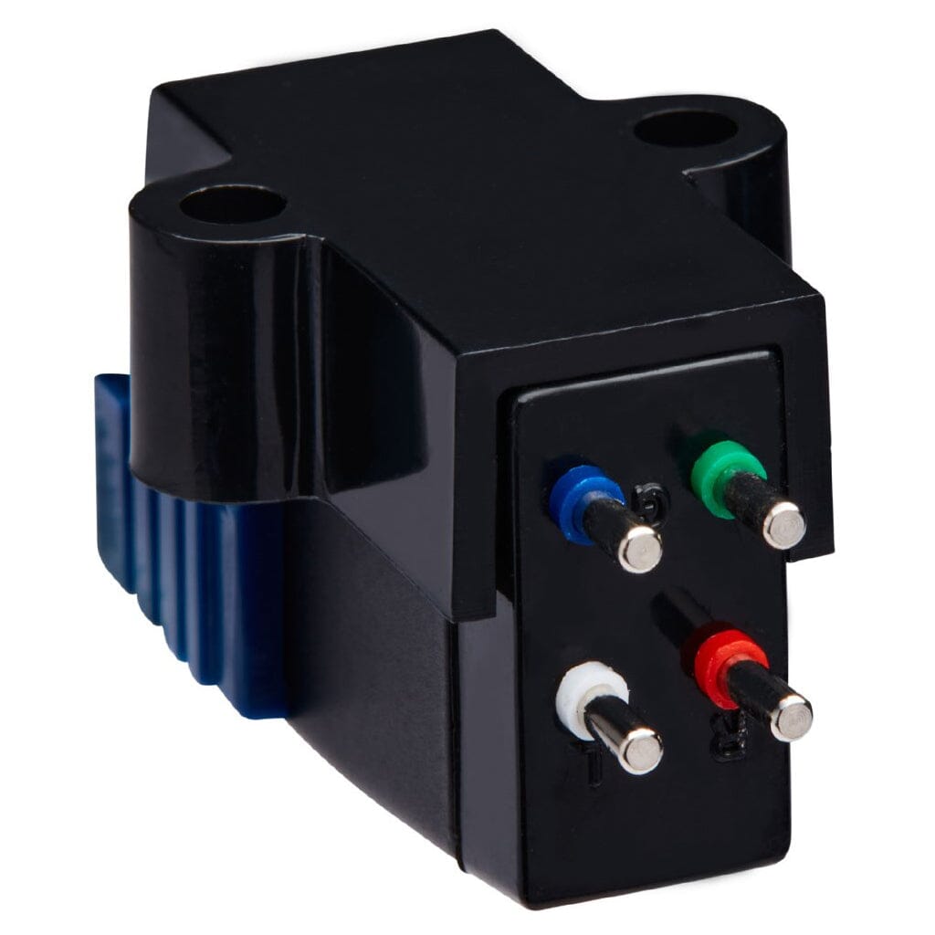 The Sumiko Oyster Phono Cartridge - Clearance by Sumiko is a black cartridge with four color-coded pins (white, red, green, blue), two top screw holes, and a ribbed blue side—perfect for upgrading your turntable.