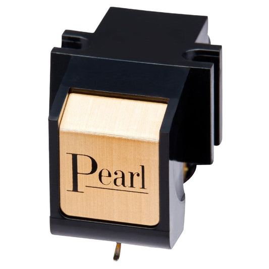 A close-up of the Sumiko Pearl Phono Cartridge - Clearance, a black and gold moving magnet phono cartridge by Sumiko, featuring "Pearl" on its gold front panel.