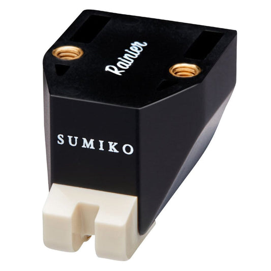 The Sumiko Rainier MM Phono Cartridge - Clearance by Sumiko features a black and white design, gold screw holes, and a white stylus tip for your turntable.