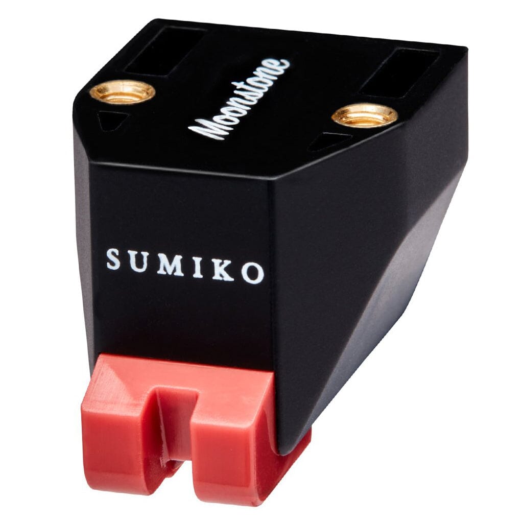 A close-up of the Sumiko Moonstone MM Phono Cartridge - Clearance by Sumiko, showing its black body with white branding and an elliptical stylus, designed for use with MM phono stages.
