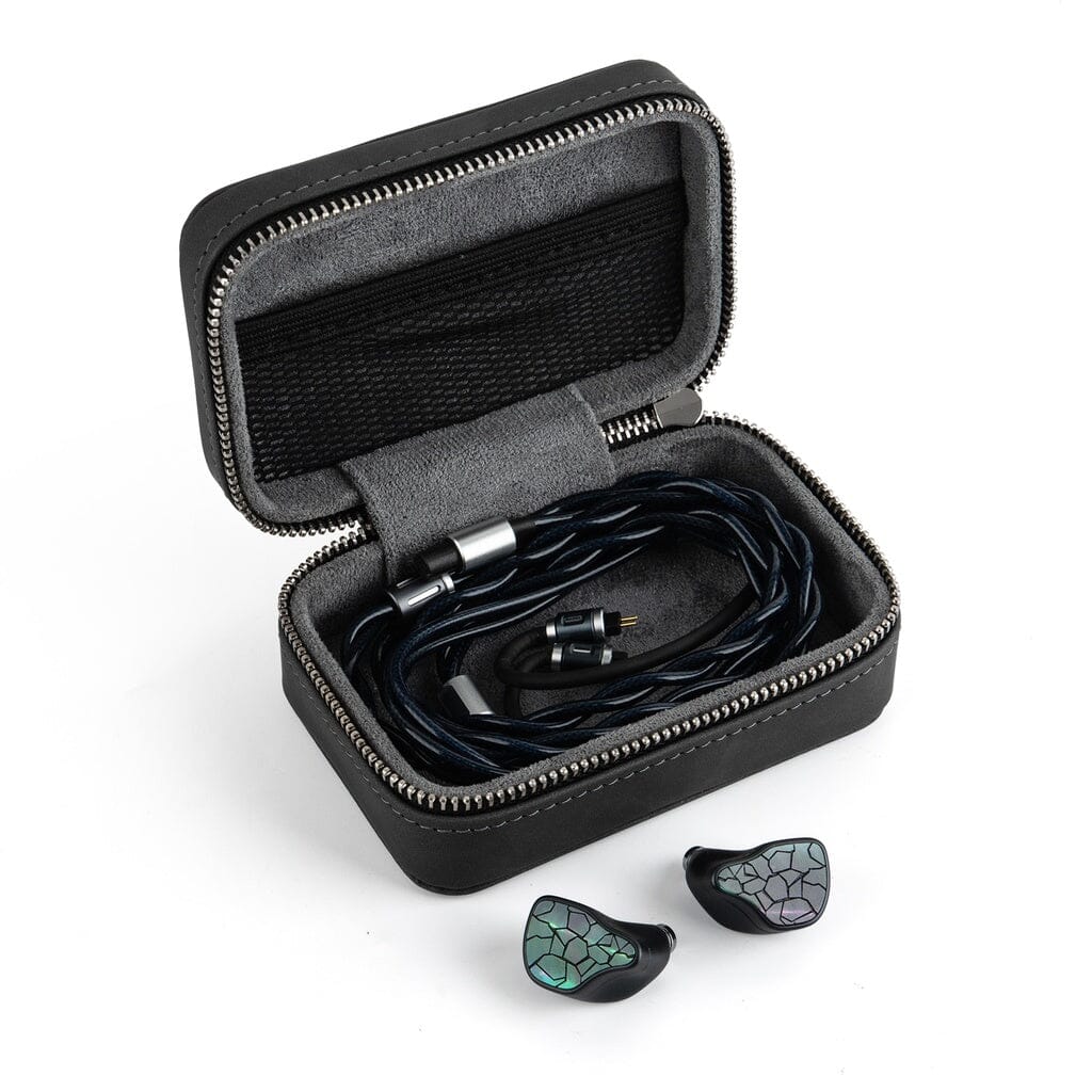 A pair of black Thieaudio Hype 4 MK2 In-Ear Headphones with mosaic-patterned buds are placed beside a black zippered carrying case holding a coiled audio cable.