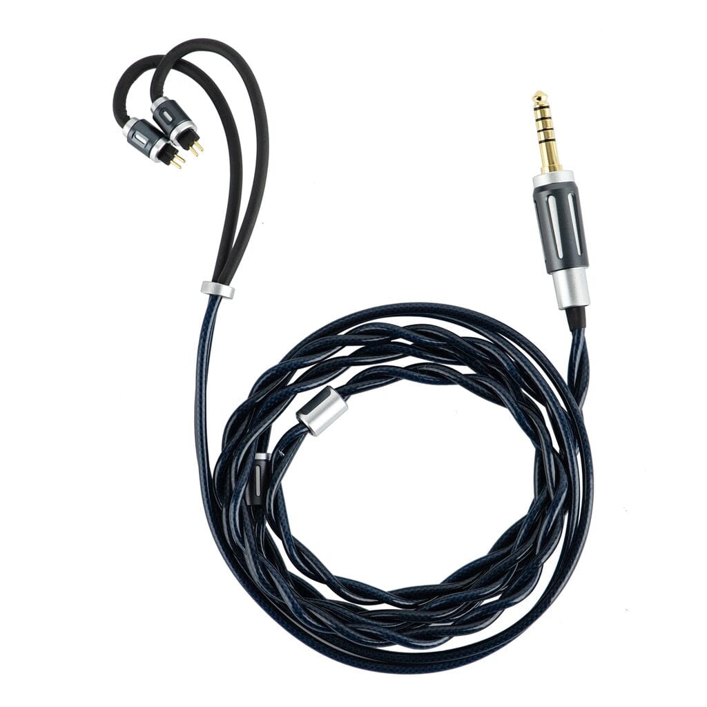 A coiled black audio cable with a silver 3.5mm jack and two-pin connectors, designed for use with Thieaudio Hype 4 MK2 In-Ear Headphones or other audio gear featuring advanced bass systems.