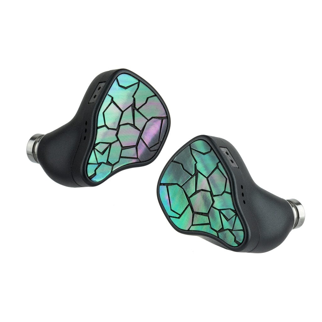 Two black Thieaudio Hype 4 MK2 in-ear headphones with hybrid drivers and iridescent mosaic-style faceplates featuring cracked glass patterns in green and purple.