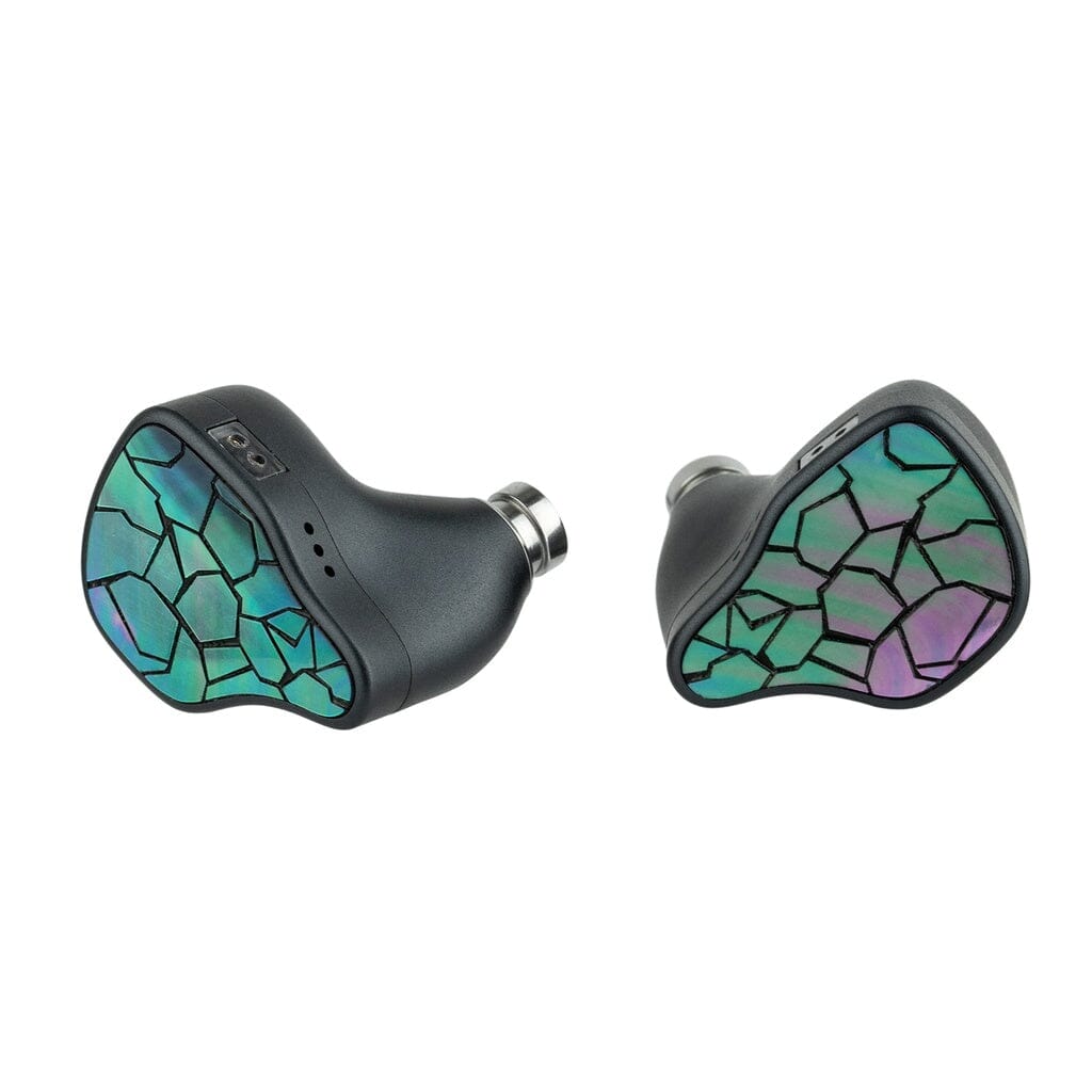 The Thieaudio Hype 4 MK2 In-Ear Headphones by Thieaudio are black wireless hybrid driver earphones featuring colorful mosaic-patterned faceplates in green, purple, and blue, shown isolated on a white background.
