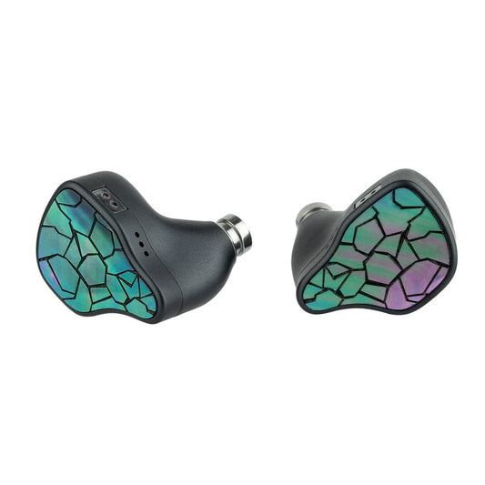 The Thieaudio Hype 4 MK2 In-Ear Headphones by Thieaudio are black wireless hybrid driver earphones featuring colorful mosaic-patterned faceplates in green, purple, and blue, shown isolated on a white background.