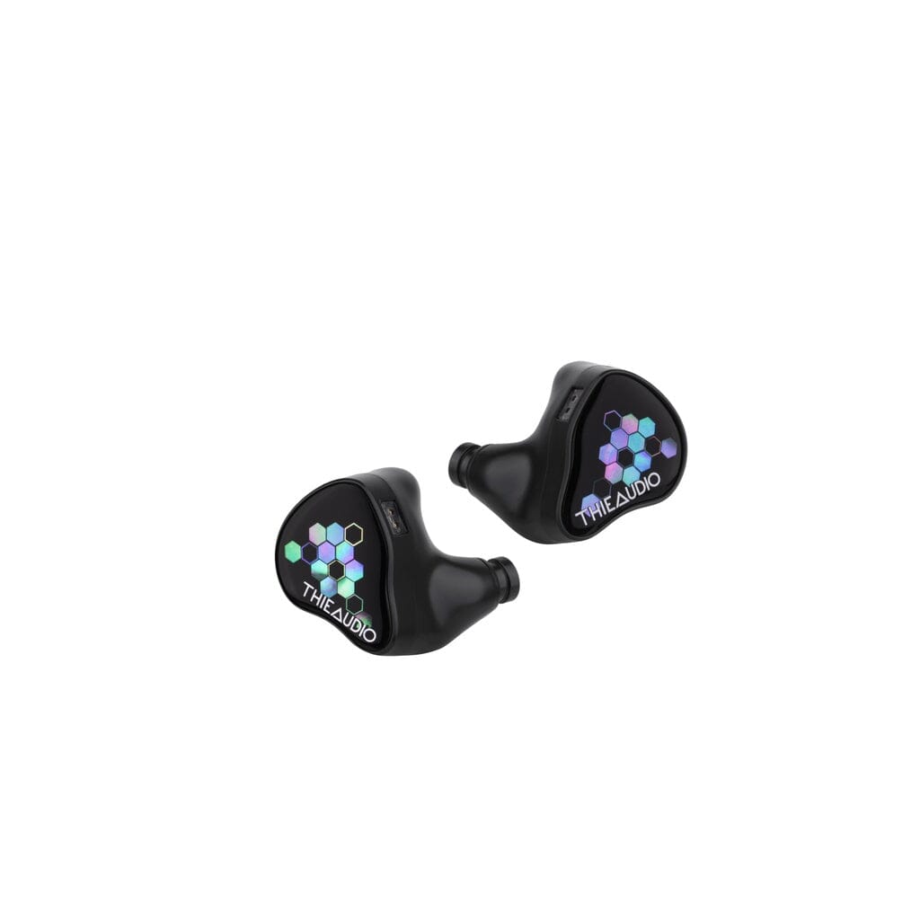 The Thieaudio Monarch MKIV In-Ear Headphones are black wireless earbuds with a colorful hexagon pattern, THEAUDIO text on each earbud, and an adjustable tuning switch, shown on a white background.