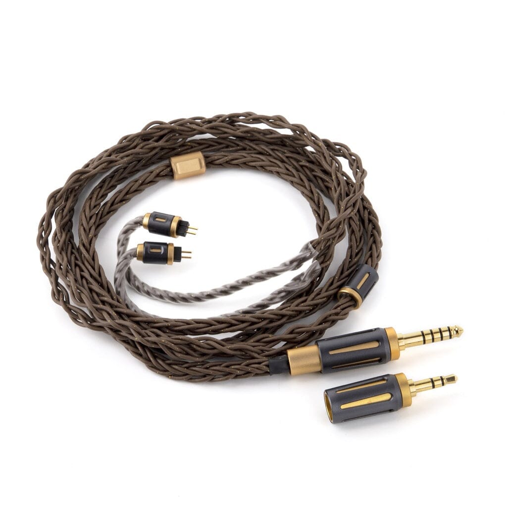 A coiled brown braided audio cable for the Thieaudio Monarch MKIV In-Ear Headphones, featuring gold and black connectors, a double-prong plug on one end, and a gold 3.5mm audio jack on the other.