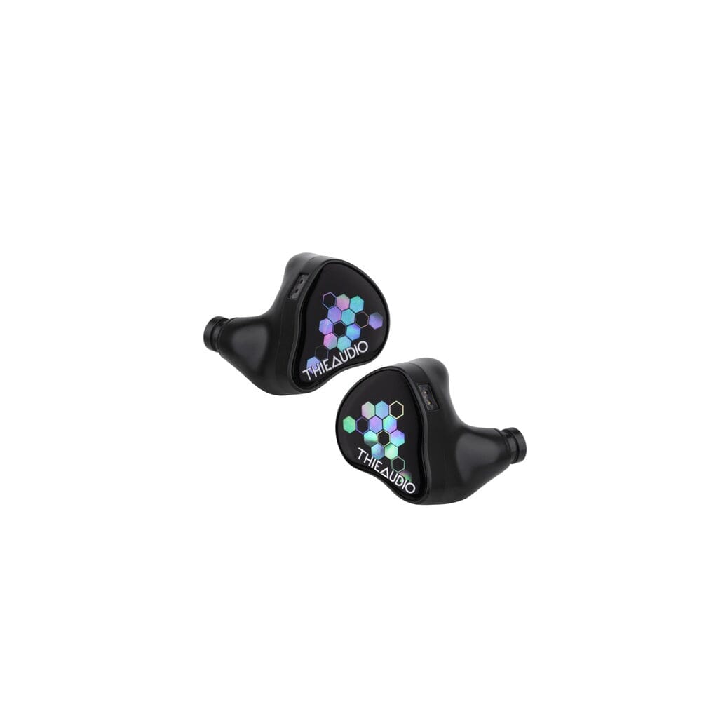 Two black Thieaudio Monarch MKIV In-Ear Headphones featuring hexagonal, multicolored patterns and "THIEAUDIO" text on each earbud are displayed on a white background.
