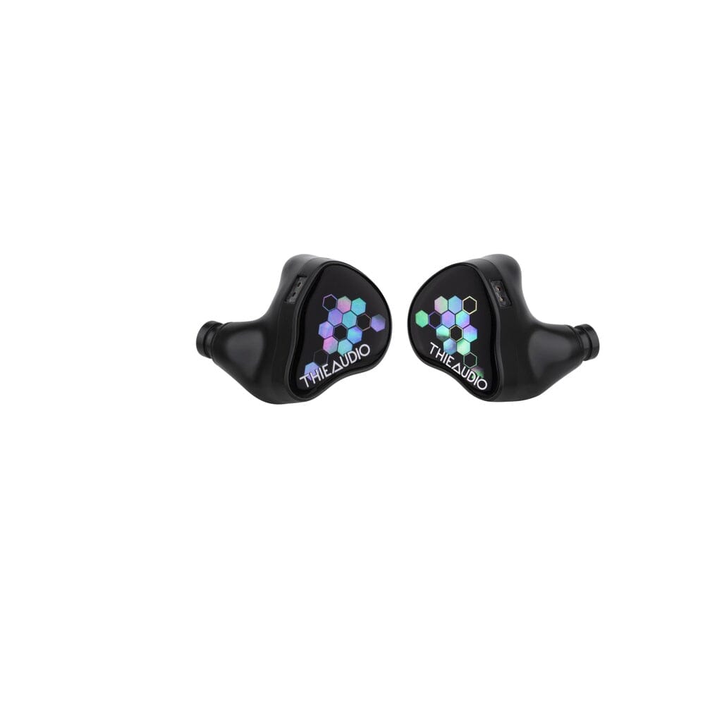 The Thieaudio Monarch MKIV In-Ear Headphones feature a black hybrid design, colored hexagon pattern, "THIEAUDIO" text on each earpiece, and an adjustable tuning switch—all shown on a plain white background.