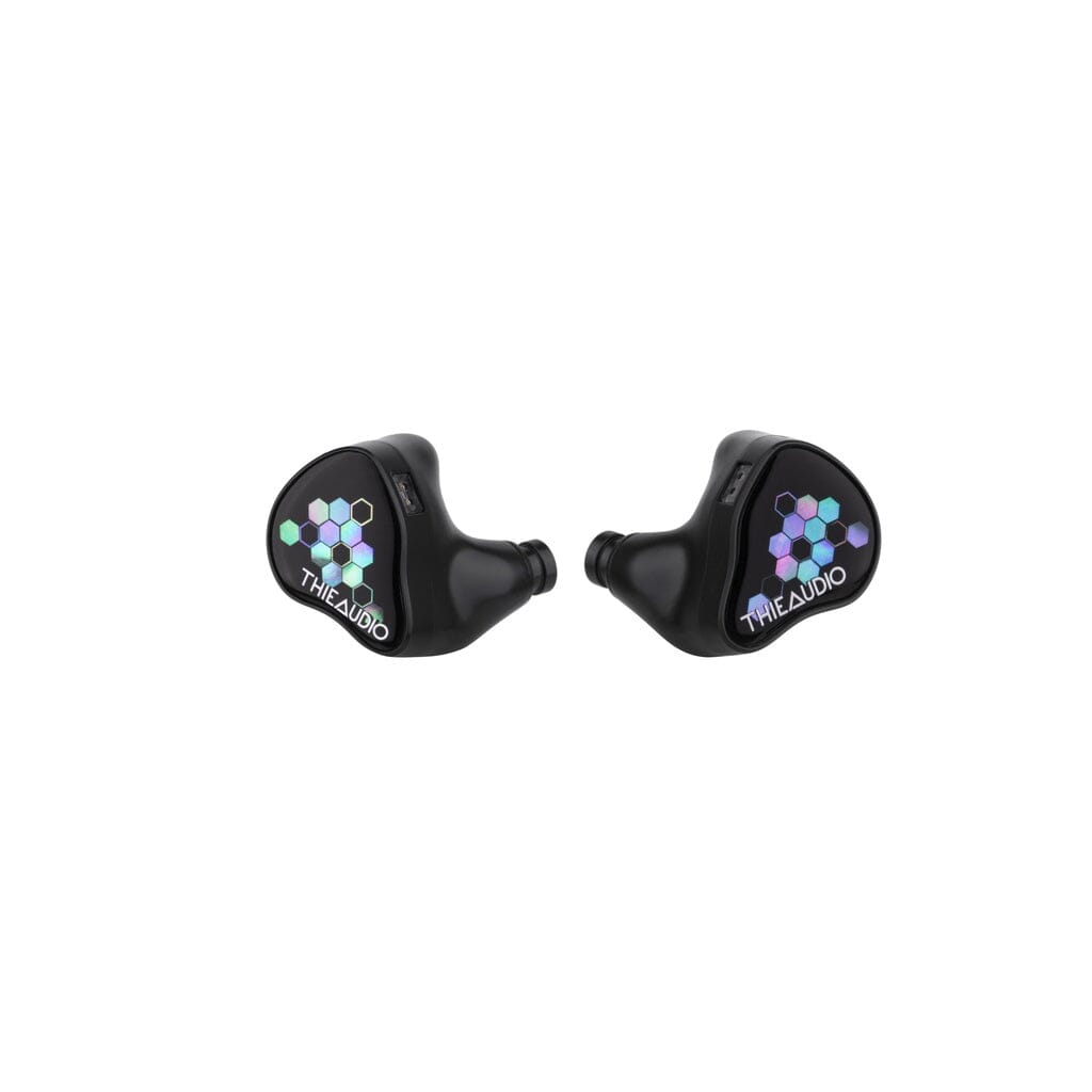 A pair of black Thieaudio Monarch MKIV In-Ear Headphones with colorful hexagon patterns, “THIEAUDIO Monarch MKIV” text on each earpiece, and an adjustable tuning switch, shown on a white background.