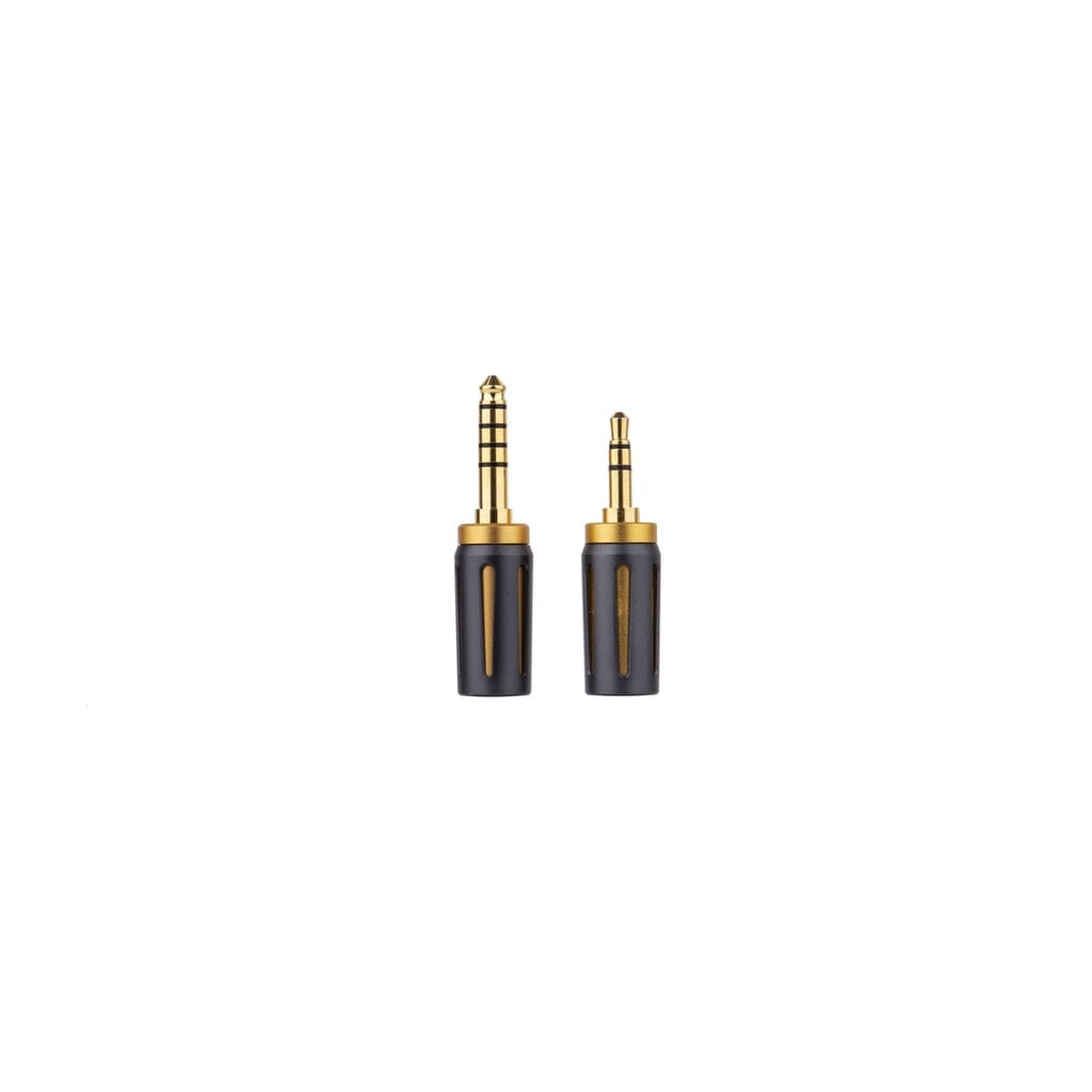 Two gold and black audio jack adapters, perfect for connecting your Thieaudio Monarch MKIV In-Ear Headphones or other hybrid IEMs, stand upright side by side on a white background.