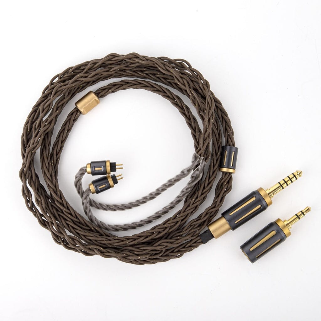 A coiled brown braided audio cable for the Thieaudio Monarch MKIV In-Ear Headphones features gold-and-black connectors, including a 4-pin and two standard jacks. The cable is shown on a white background.