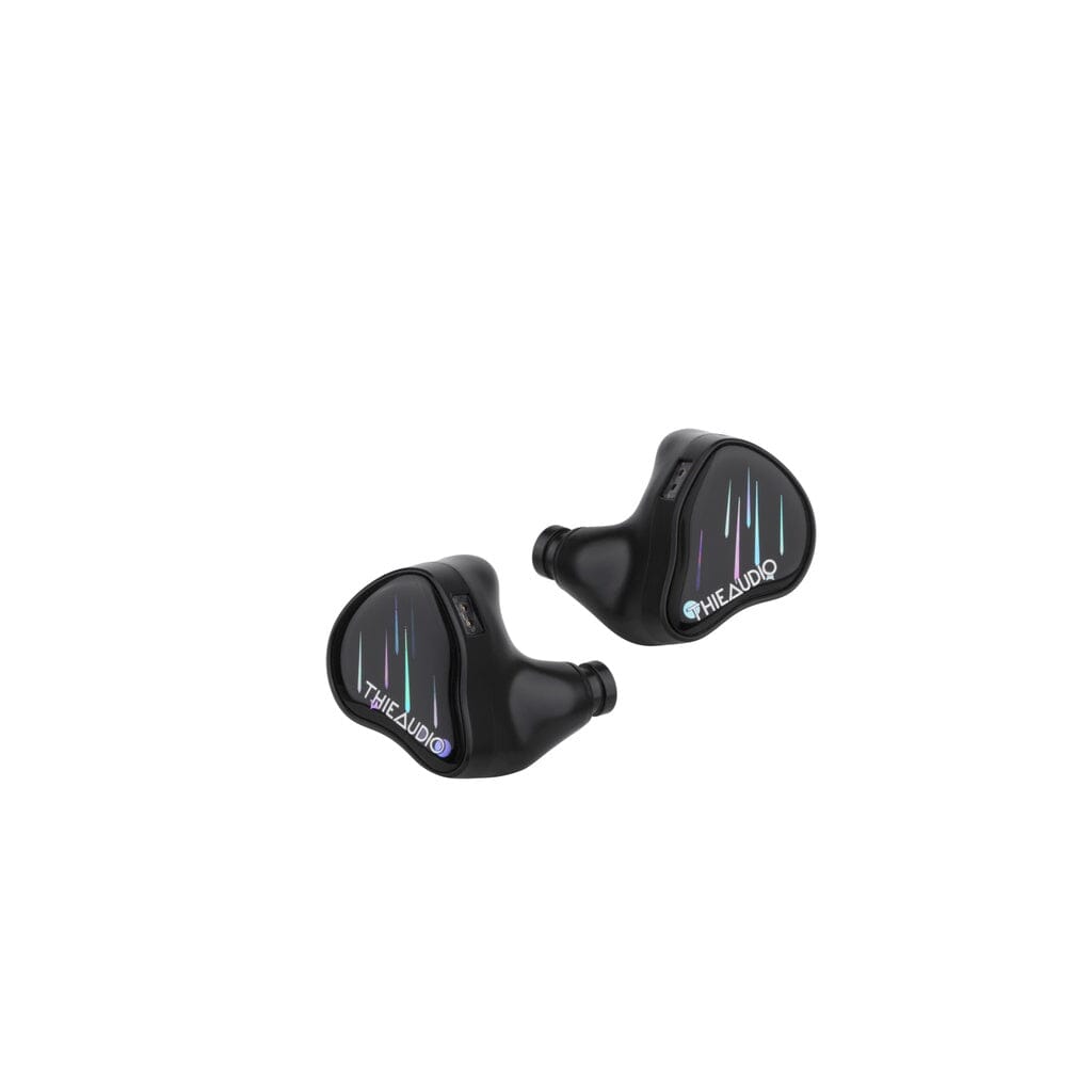 Two black Thieaudio Monarch MKIV In-Ear Headphones, each with blue and green vertical lines and Thieaudio branding, are displayed on a white background and feature an adjustable tuning switch for personalized sound.