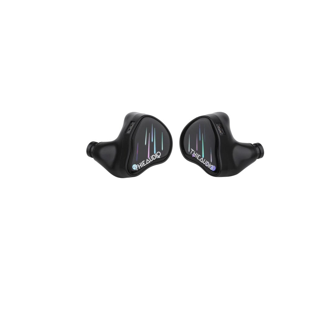 The Thieaudio Monarch MKIV In-Ear Headphones feature a sleek black design with colorful soundwave graphics and Thieaudio branding on each earpiece, shown against a white background.