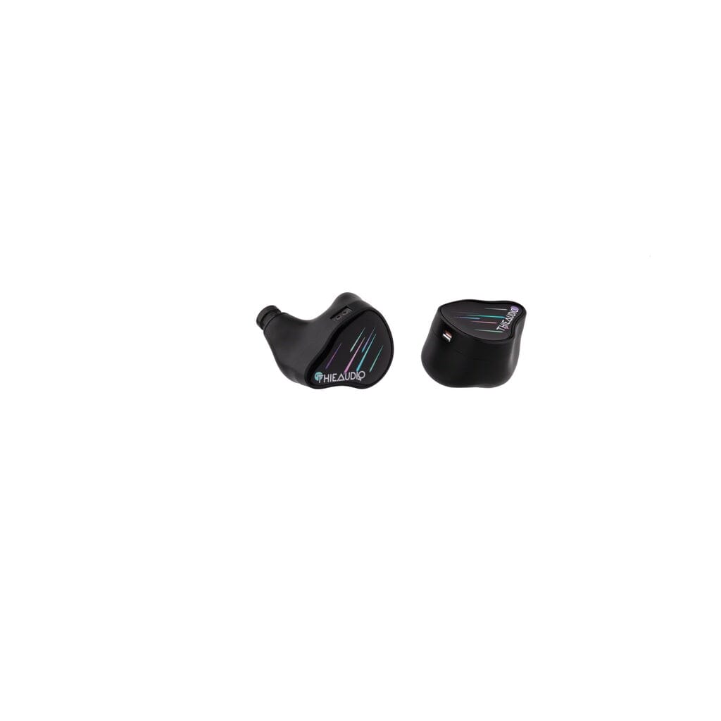 Two black Thieaudio Monarch MKIV In-Ear Headphones, featuring the Thieaudio logo and colored lines on the outer surface, are displayed against a white background.